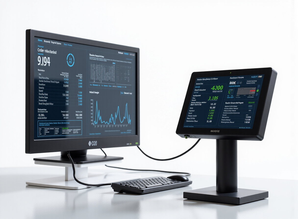 Dual-screen POS terminal and kitchen display system executing AI order automation in a restaurant.