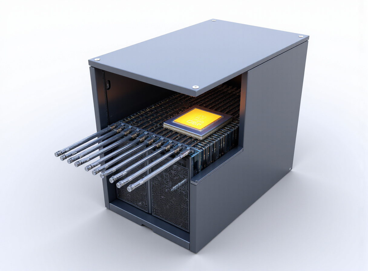 Rack-mounted server infrastructure illustrating robust enterprise-grade AI architecture with illuminated processors and fiber optics.
