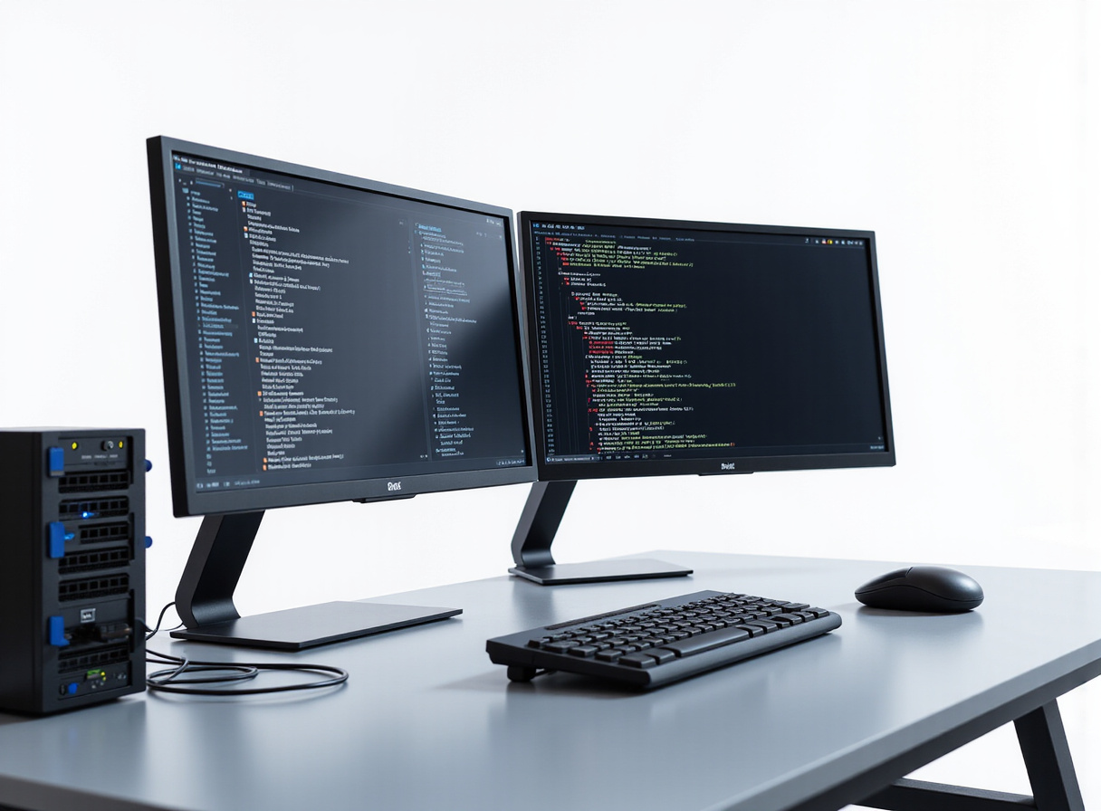 Dual-monitor workstation showcasing enterprise-grade AI architecture applications for modern real estate data processing.