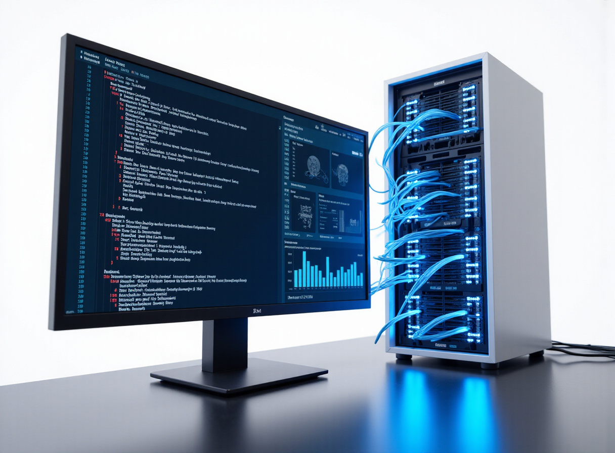 A computer monitor displaying code beside a server rack representing neural extraction pipelines.