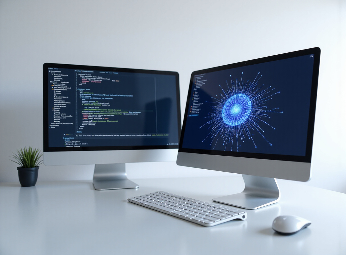 Dual-monitor display showing software code and data nodes for enterprise RAG architecture.
