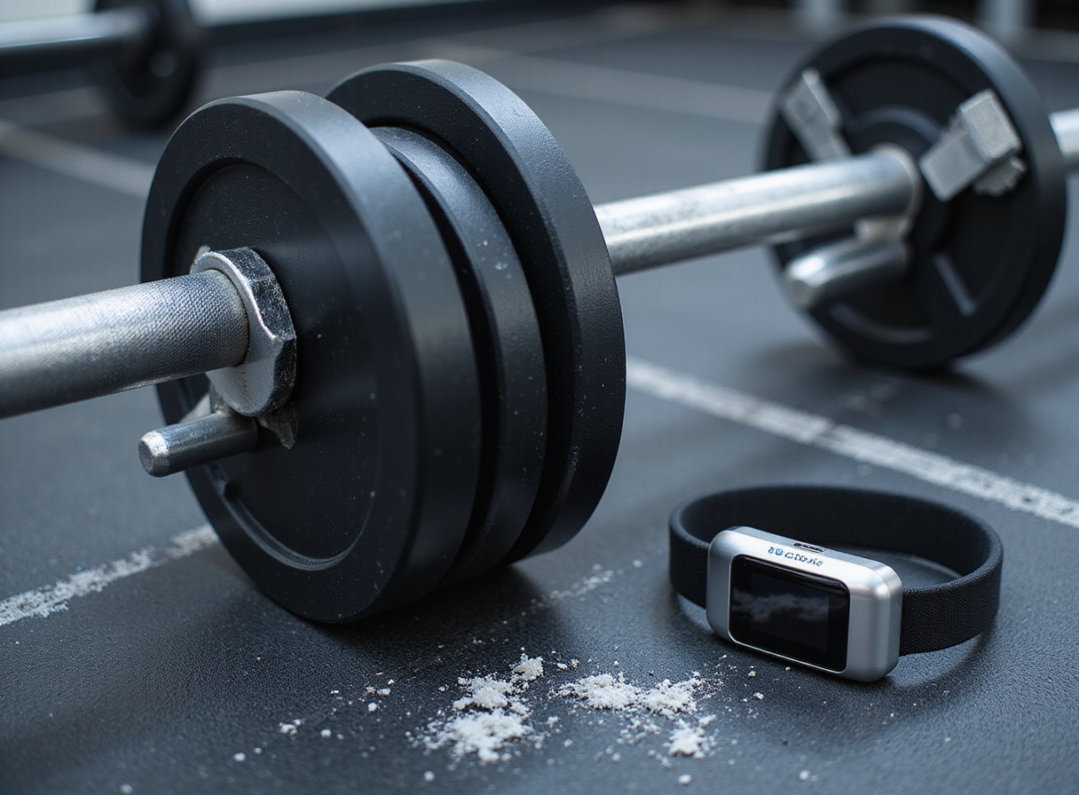 Heavy barbell with iron plates and biometric tracker highlighting AI fitness safety in training.