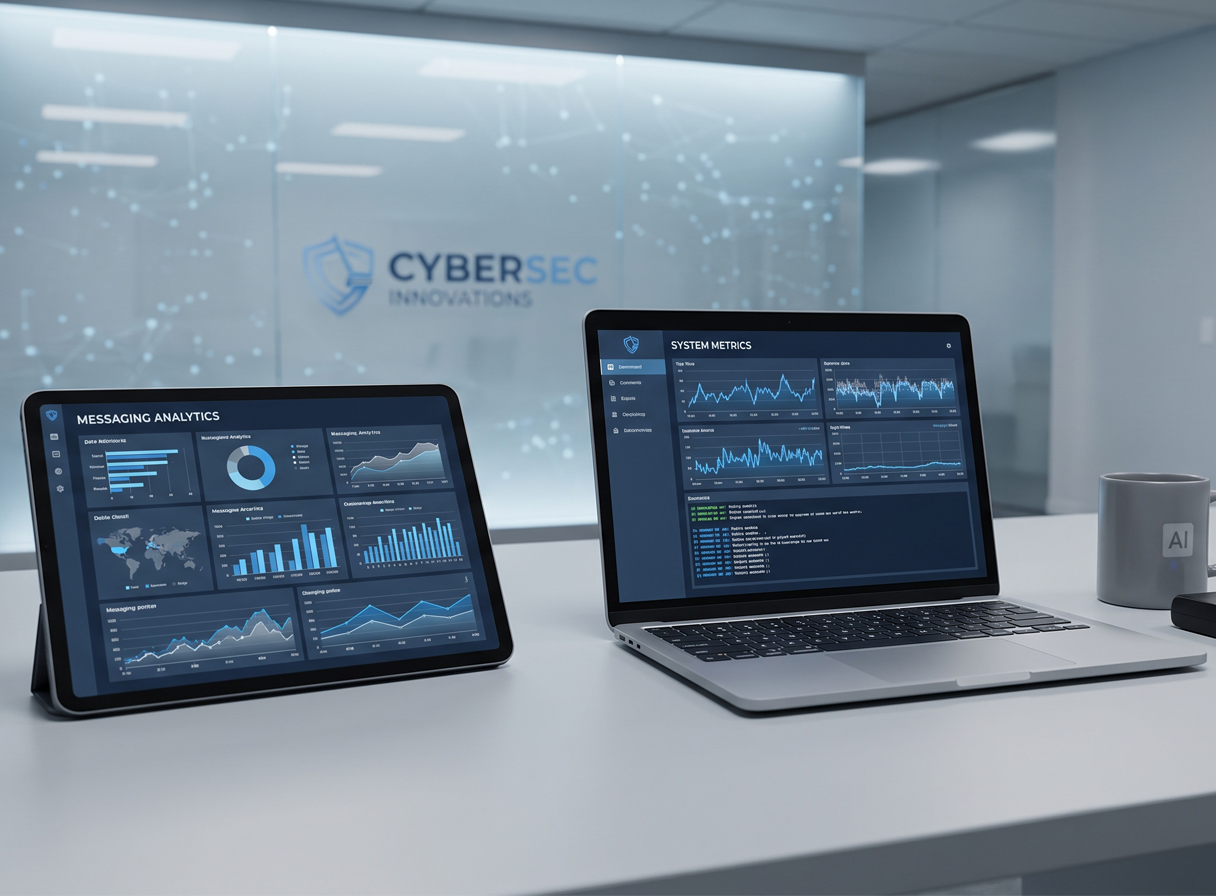 An office workstation with a tablet displaying operational metrics for AI sales agents.